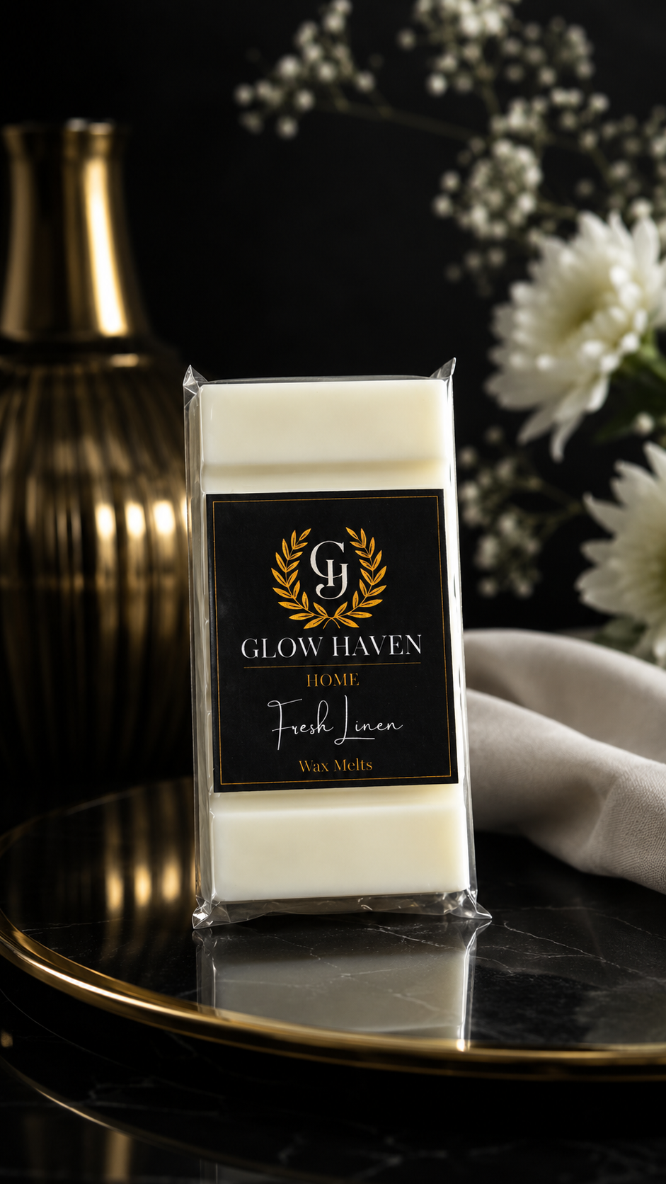 Glow Haven Fresh Linen snap bar wax melt in cream soy wax with white flowers