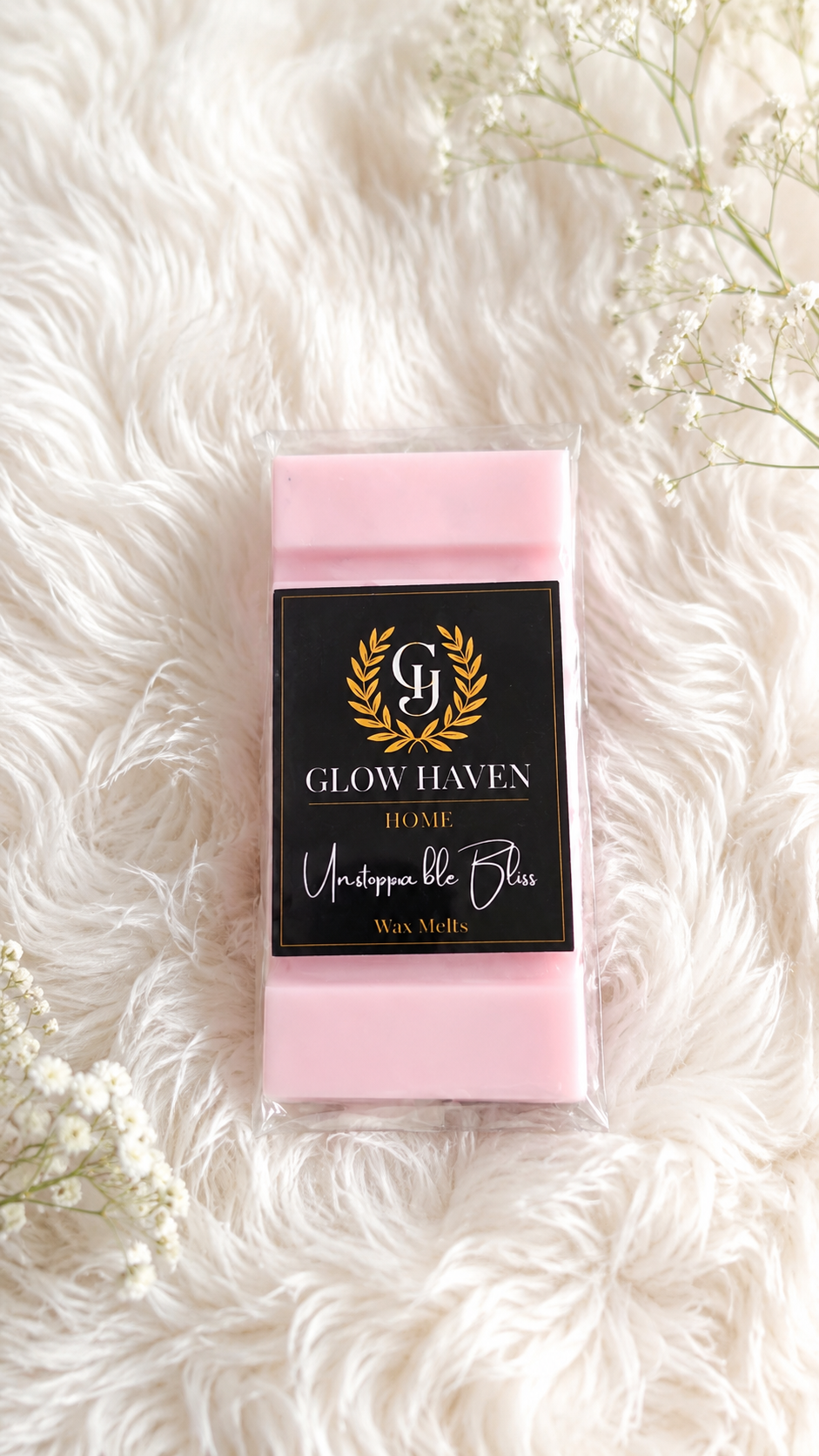 Glow Haven Unstoppable Bliss snap bar wax melt in pale pink soy wax on white faux fur