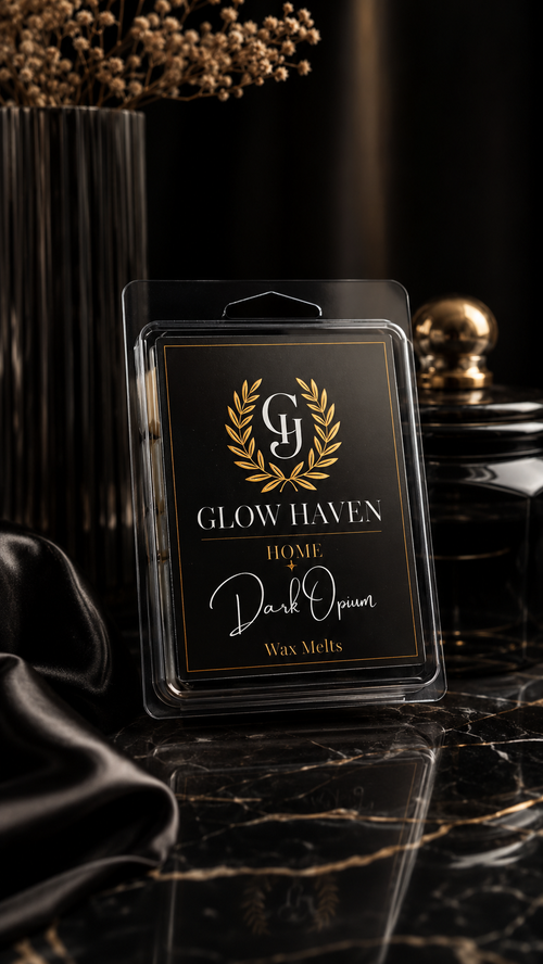 Glow Haven Dark Opium clam shell wax melt in a black and gold labelled pack on black marble
