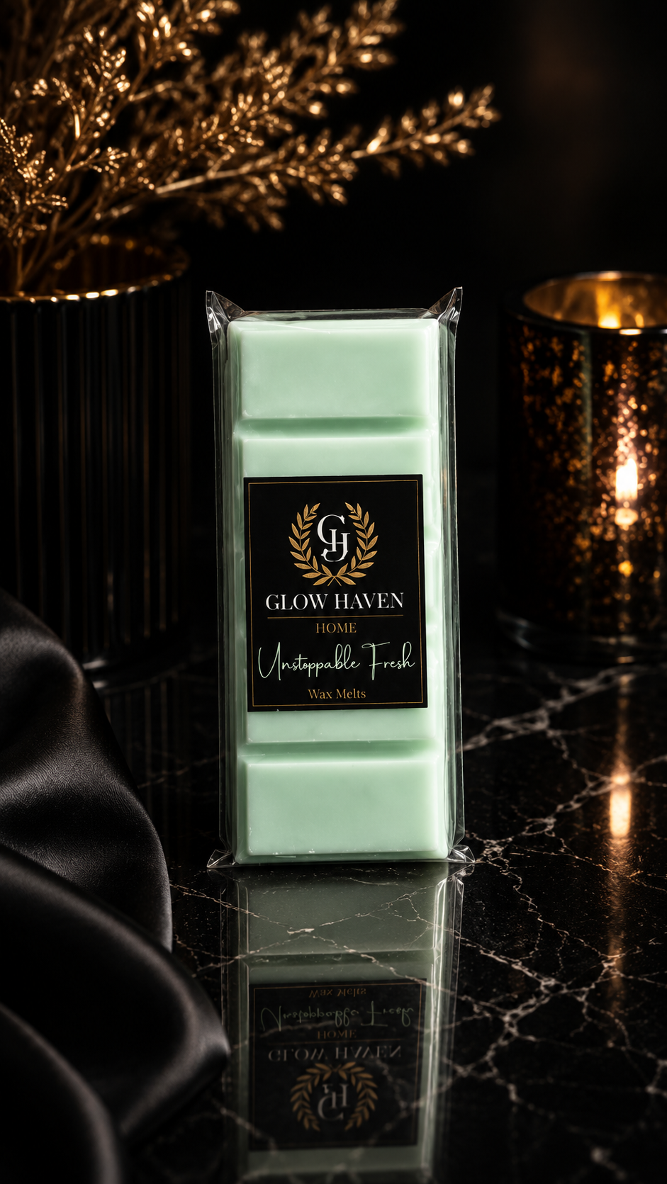 Glow Haven Unstoppable Fresh 55g snap bar wax melt in mint green soy wax beside a glowing candle