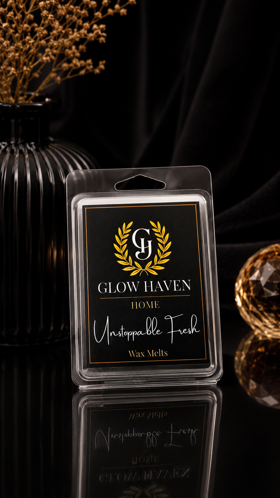 Glow Haven Unstoppable Fresh clam shell wax melt in a black and gold labelled pack
