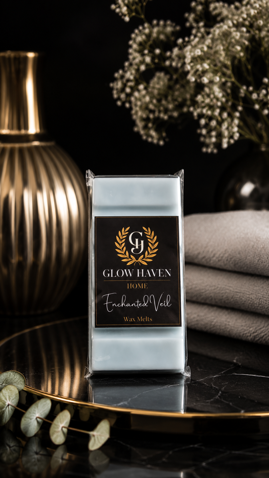 Glow Haven Enchanted Veil snap bar wax melt in soft blue-grey soy wax on a gold tray