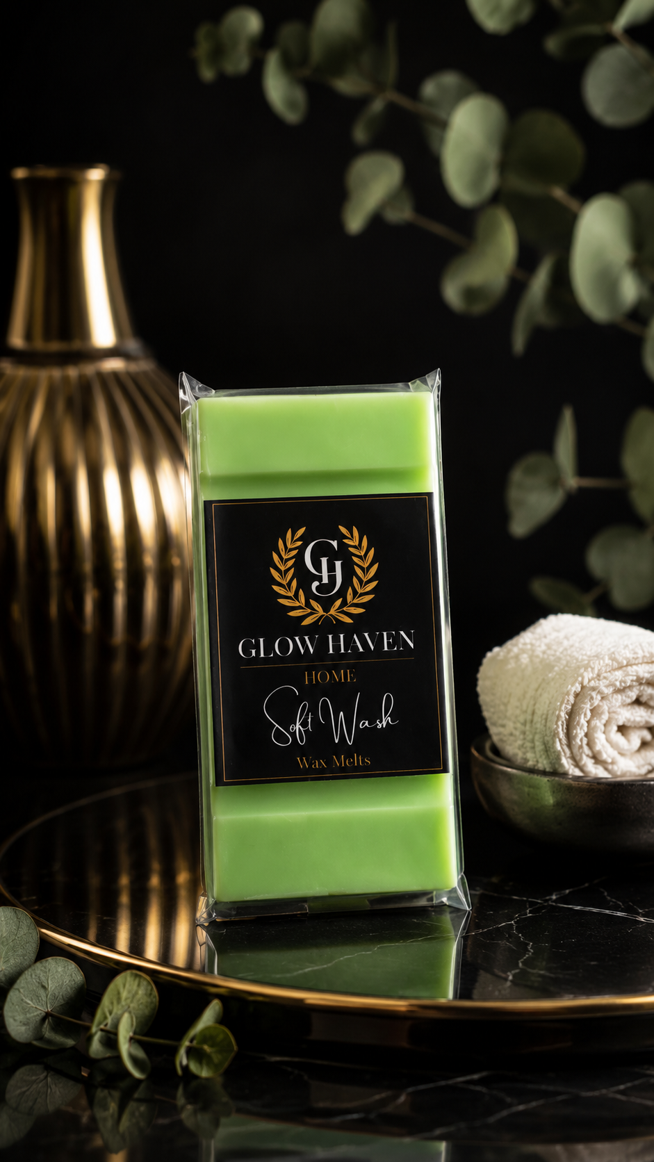 Glow Haven Soft Wash snap bar wax melt in green soy wax with eucalyptus and a rolled towel