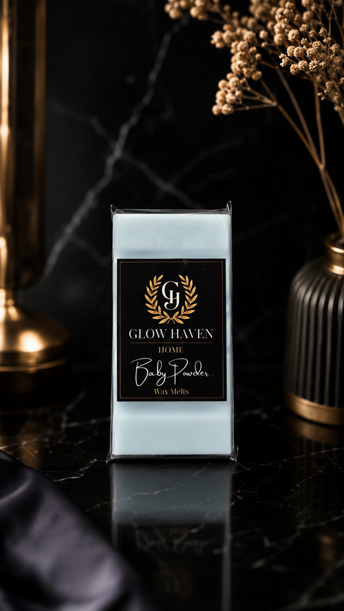 Glow Haven Baby Powder snap bar wax melt in pale blue soy wax on black marble