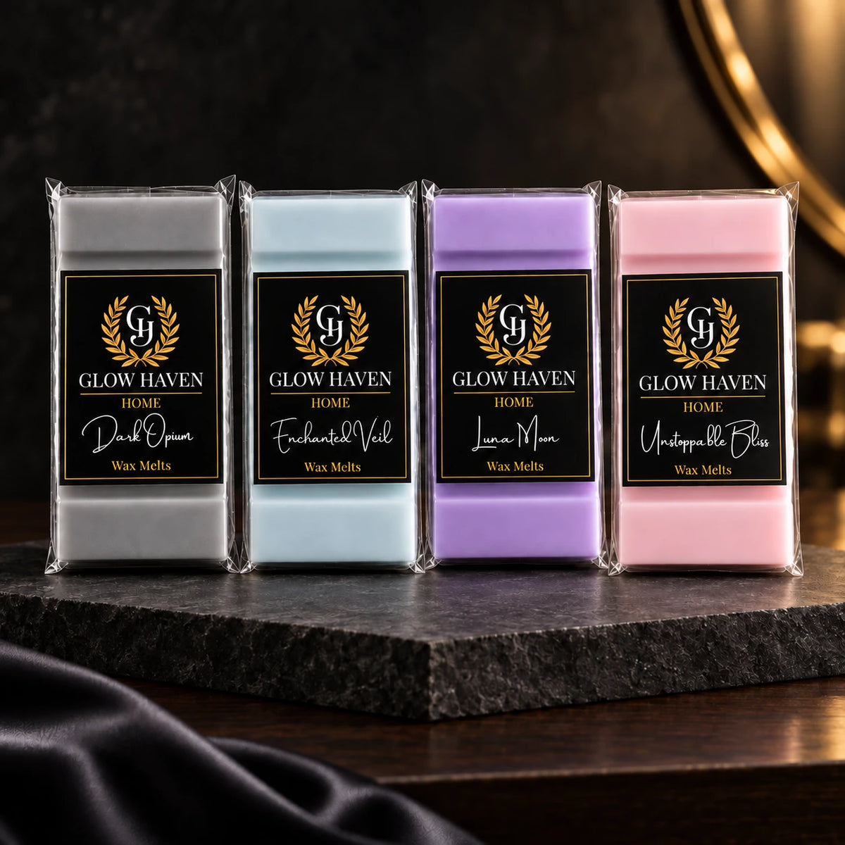 Glow Haven Discovery Box, Evening Luxury set: Dark Opium, Enchanted Veil, Luna Moon and Unstoppable Bliss snap bar wax melts