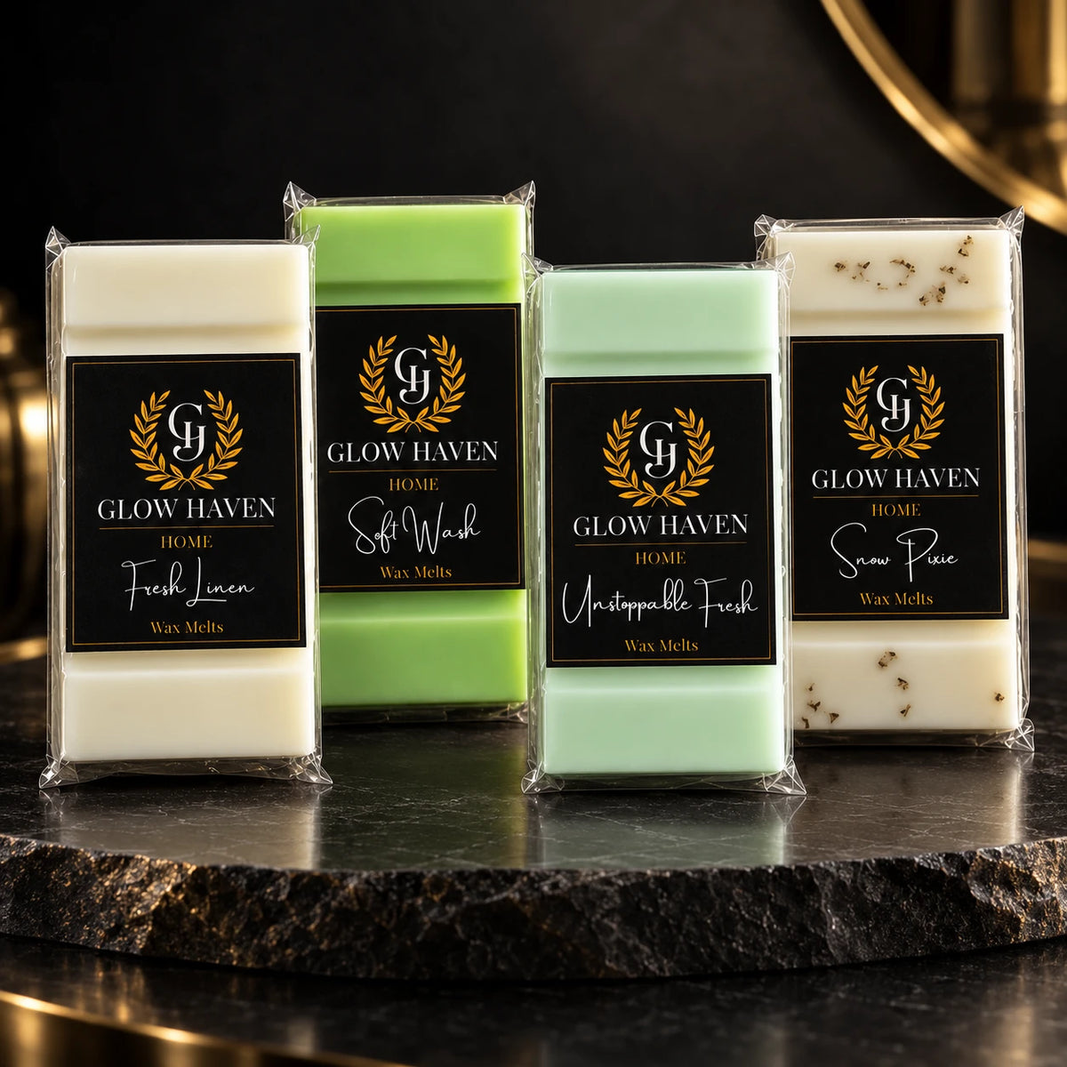 Glow Haven Discovery Box, Fresh & Clean set: Fresh Linen, Soft Wash, Unstoppable Fresh and Snow Pixie snap bar wax melts