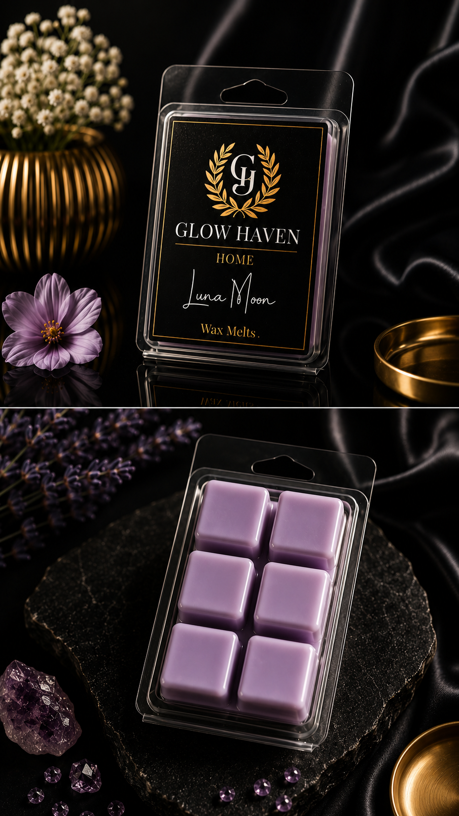 Glow Haven Luna Moon clam shell wax melt: labelled pack and open tray of six lilac soy wax cubes