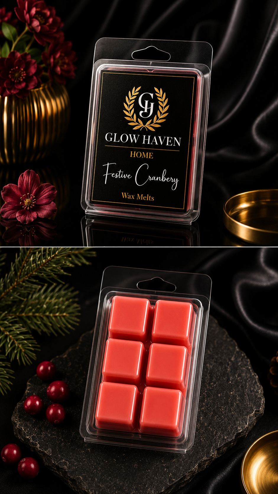 Glow Haven Festive Cranberry clam shell wax melt: labelled pack and open tray of six red soy wax cubes with pine and berries