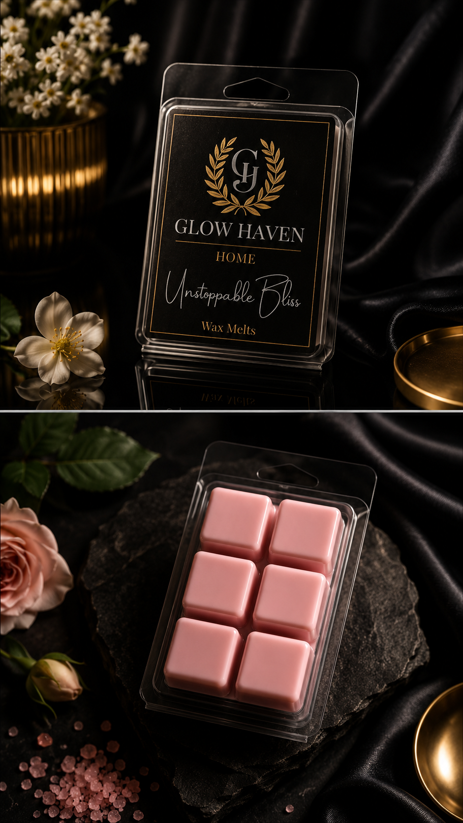 Glow Haven Unstoppable Bliss clam shell wax melt: labelled pack and open tray of six pink soy wax cubes with a rose