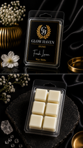 Glow Haven Fresh Linen clam shell wax melt: labelled pack and open tray of six cream soy wax cubes