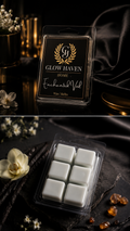 Glow Haven Enchanted Veil clam shell wax melt: labelled pack and open tray of six white soy wax cubes