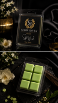 Glow Haven Soft Wash clam shell wax melt: labelled pack and open tray of six green soy wax cubes