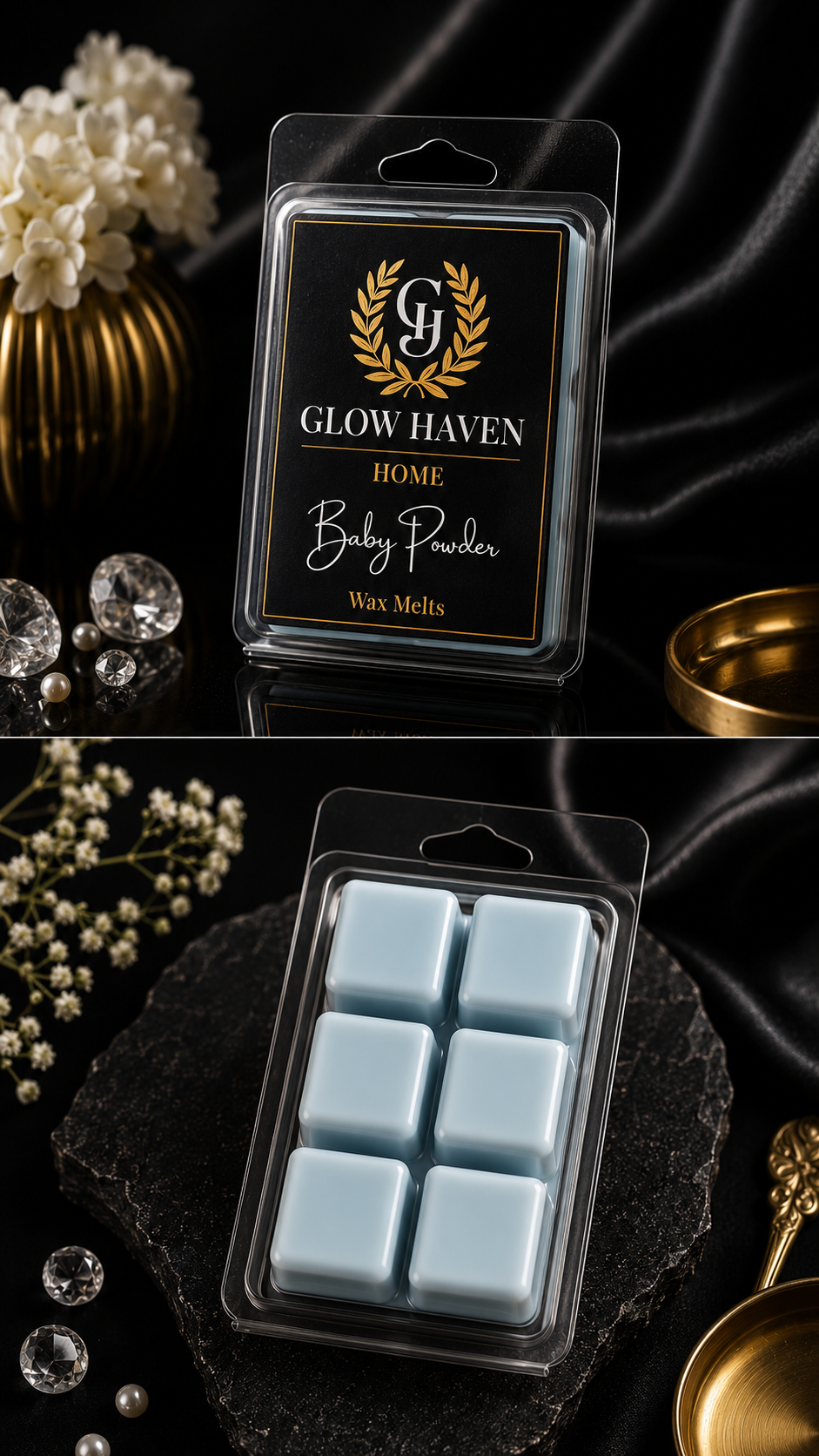 Glow Haven Baby Powder clam shell wax melt: labelled pack and open tray of six pale blue soy wax cubes